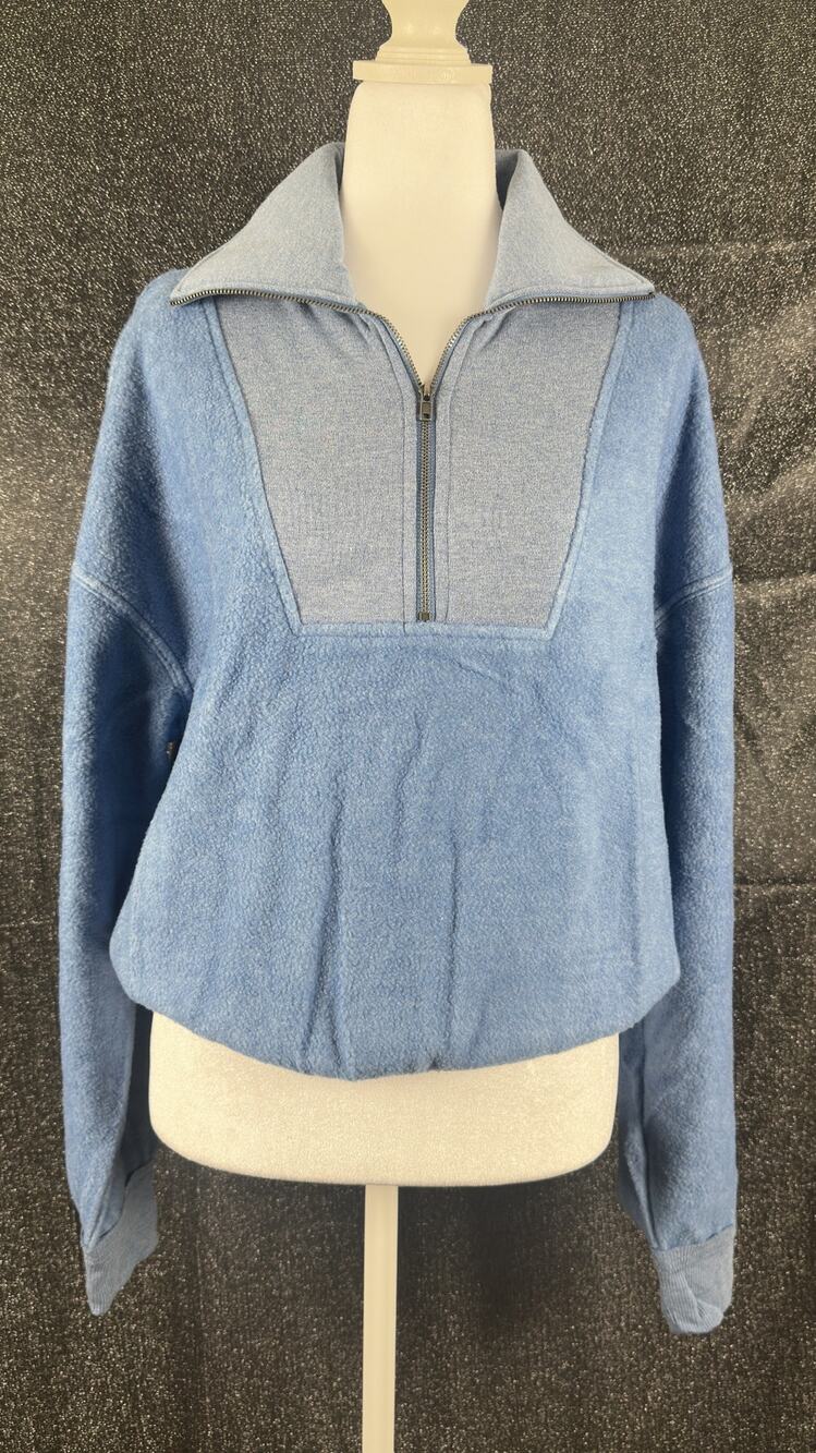 NWT Double Zero Soft Fleece Half Zip Gray Blue Oversized Sweatshirt SZ S